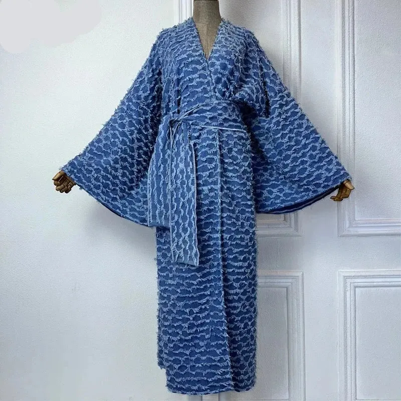 Long Denim Kimono Plush Overcoat Maxi Dress/Cover Up