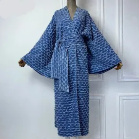 Long Denim Kimono Plush Overcoat Maxi Dress/Cover Up