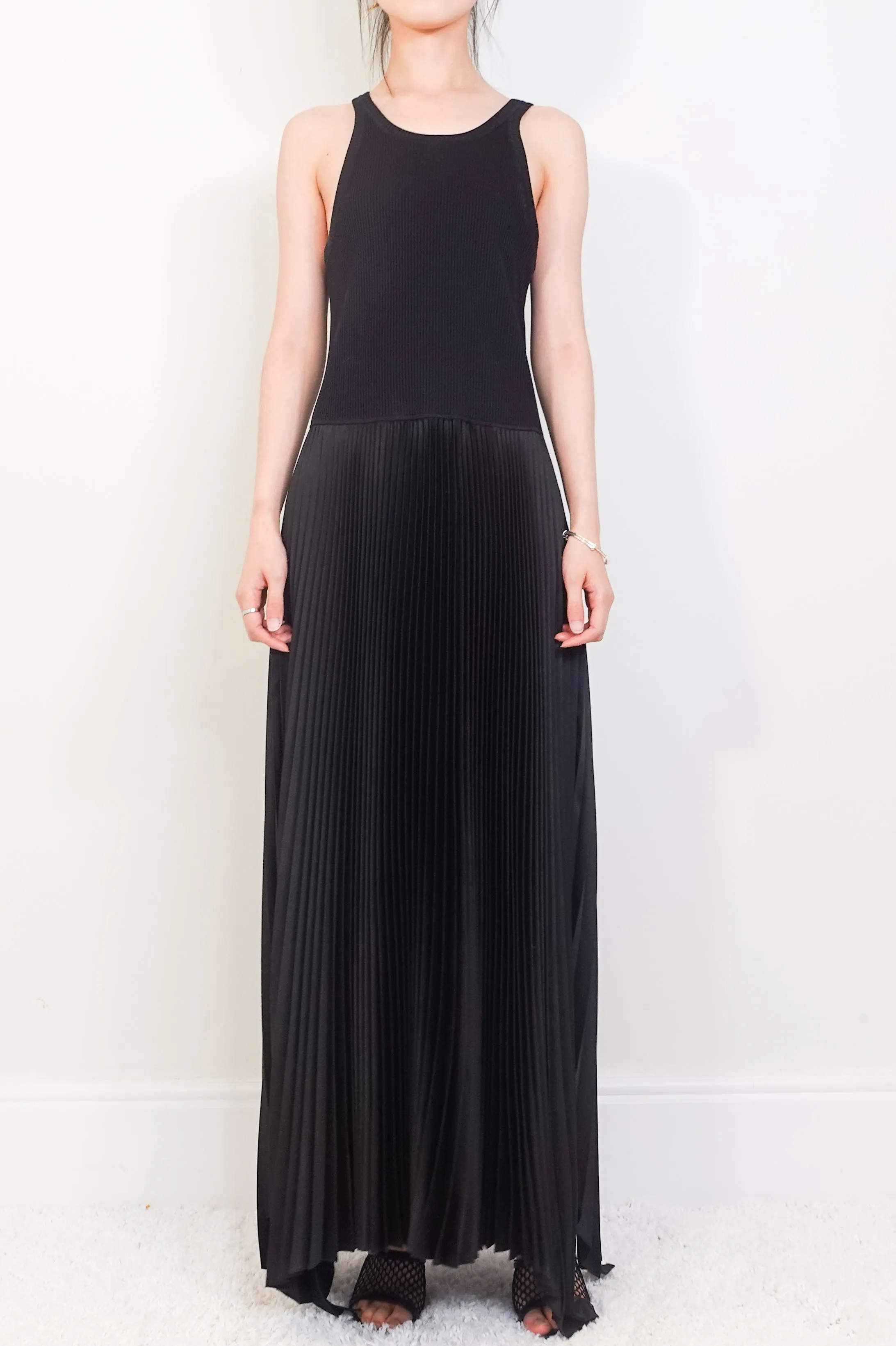 Maxi black dress with pleated skirt RRP £450