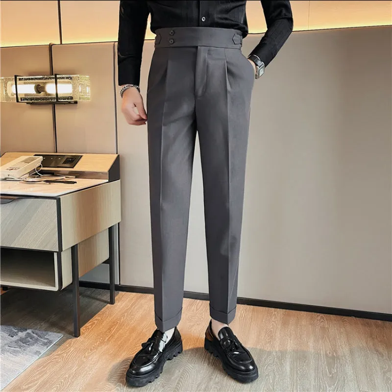 Mens Business Casual Slim Fit Dress Pants High Waist Straight Trousers