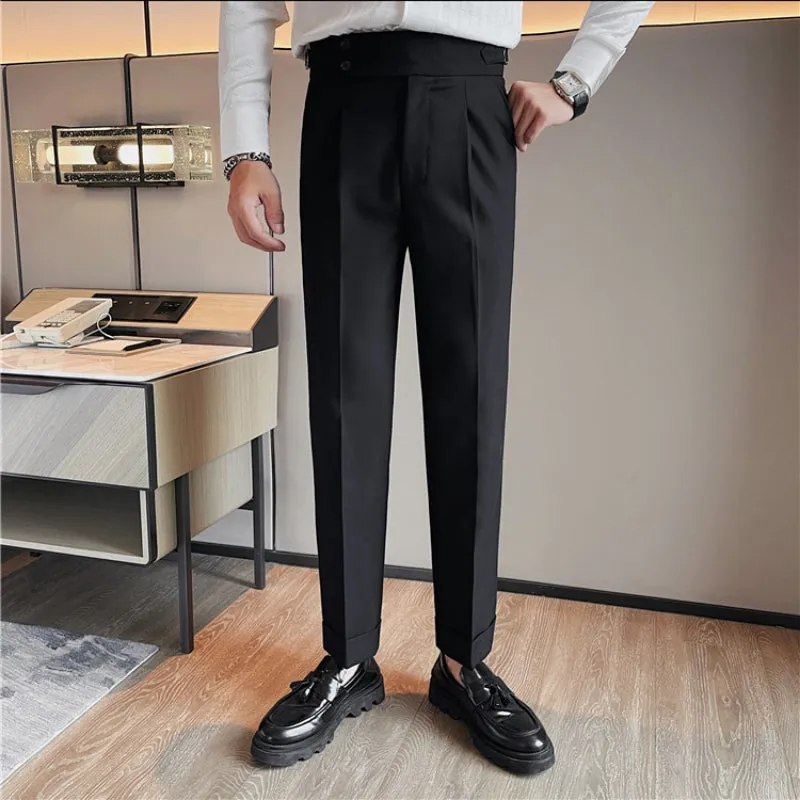 Mens Business Casual Slim Fit Dress Pants High Waist Straight Trousers
