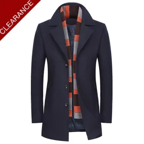 Men's Slim Fit Woolen Coat with Detachable Wool Scarf Navy Blue Only Jacket