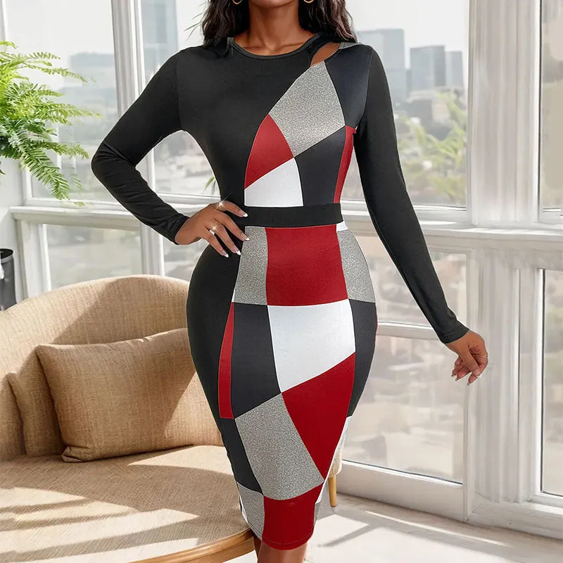 METAVERSMALL New autumn slim temperament commuter dress geometric shape high waist long dress women's hip skirt