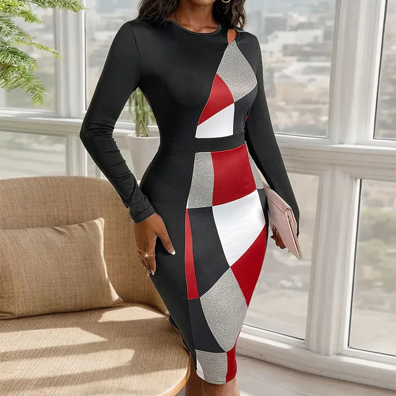 METAVERSMALL New autumn slim temperament commuter dress geometric shape high waist long dress women's hip skirt