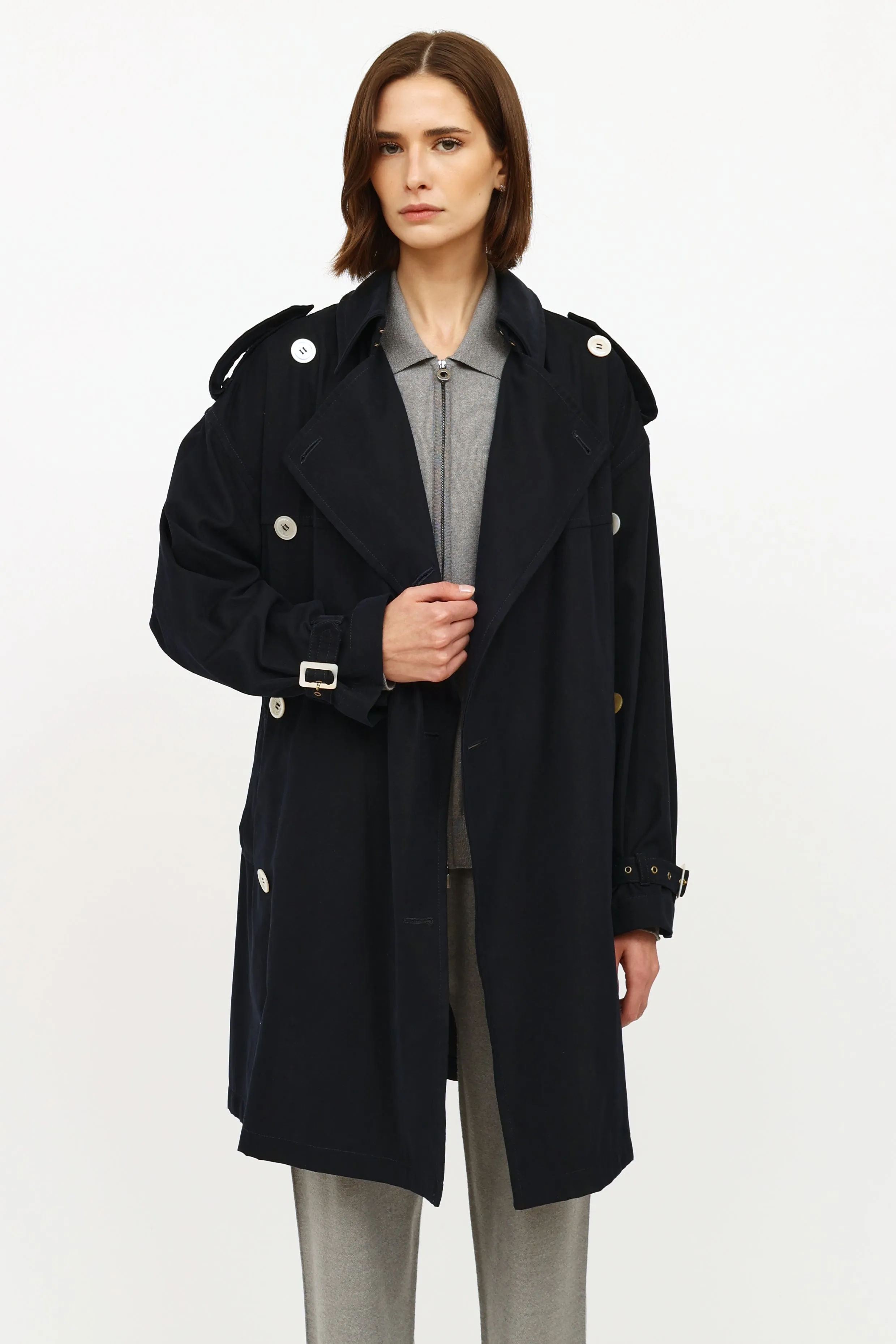 Navy Trench Button Up Coat