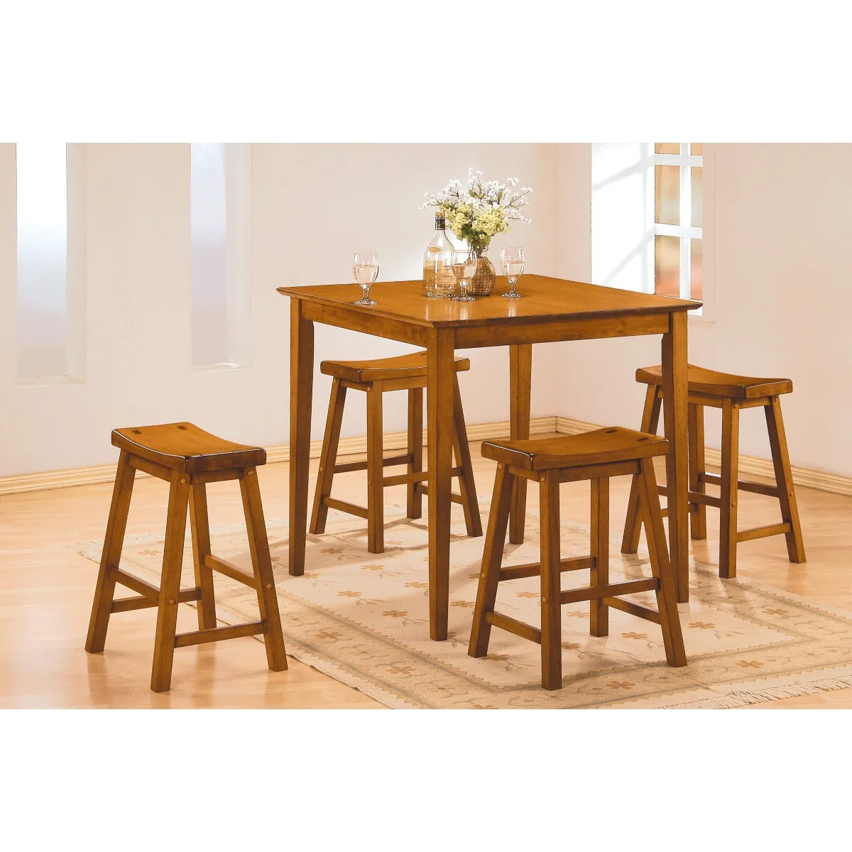 Oak Finish Bar Height Pub Stool - Solid Wood Frame, 29" - Set of 2