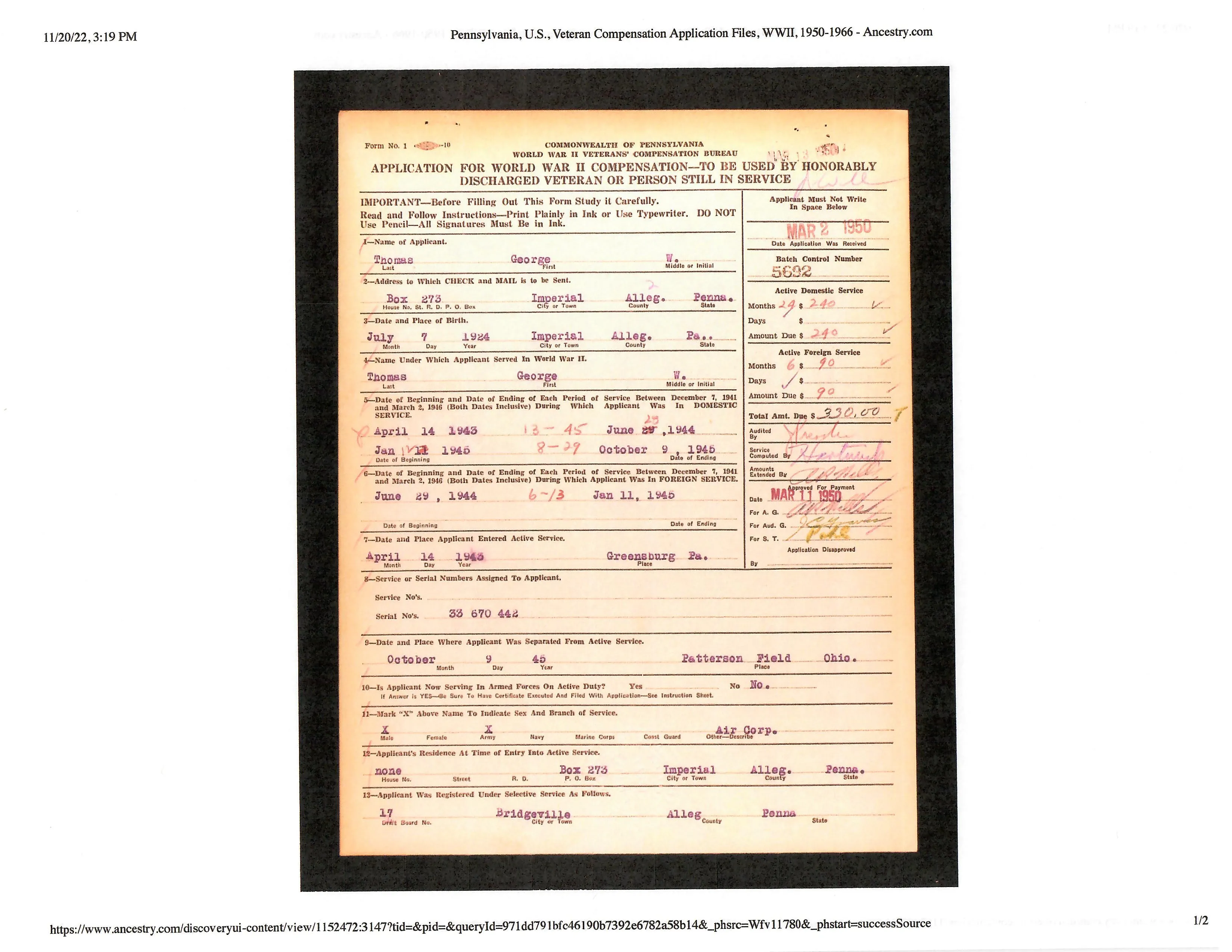Original U.S. WWII Named Class-A Uniform Set With Cap for 8th Army Air Force Aerial Gunner Staff Sergeant George W. Thomas of the 446th Bombardment Group - With Binder of Information