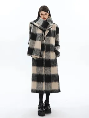 Oversized Fuzzy Checkered Overcoat with Scarf Detail