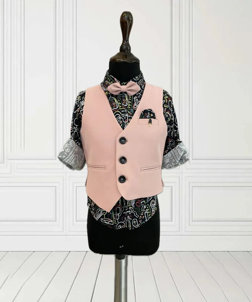 Peach Color  Waist Coat Set with Printed Shirt For Boys