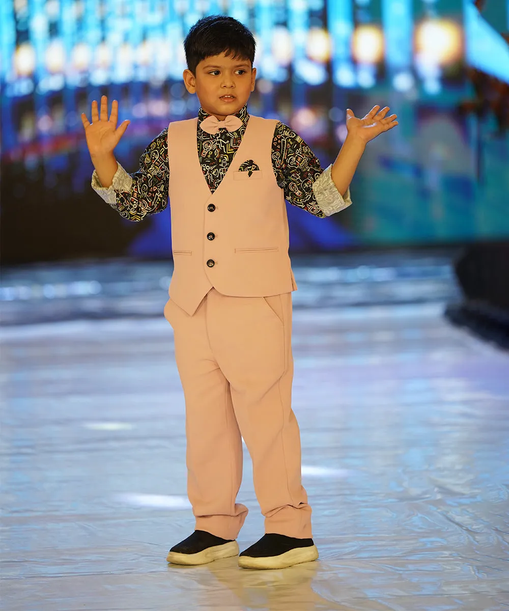 Peach Color  Waist Coat Set with Printed Shirt For Boys