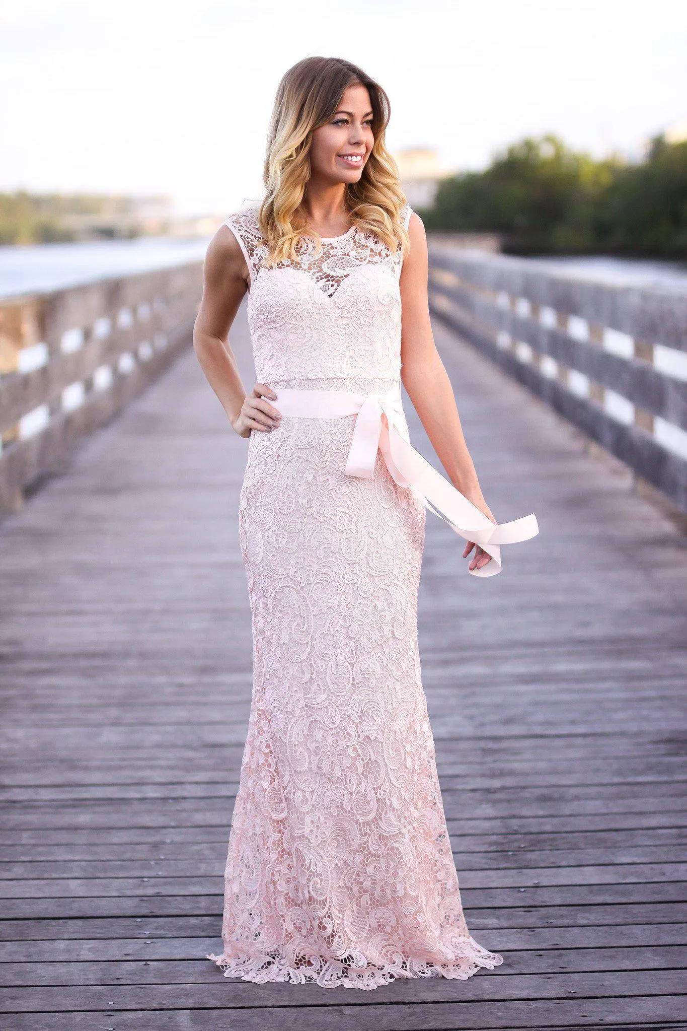 Pink Lace Maxi Dress with Bow