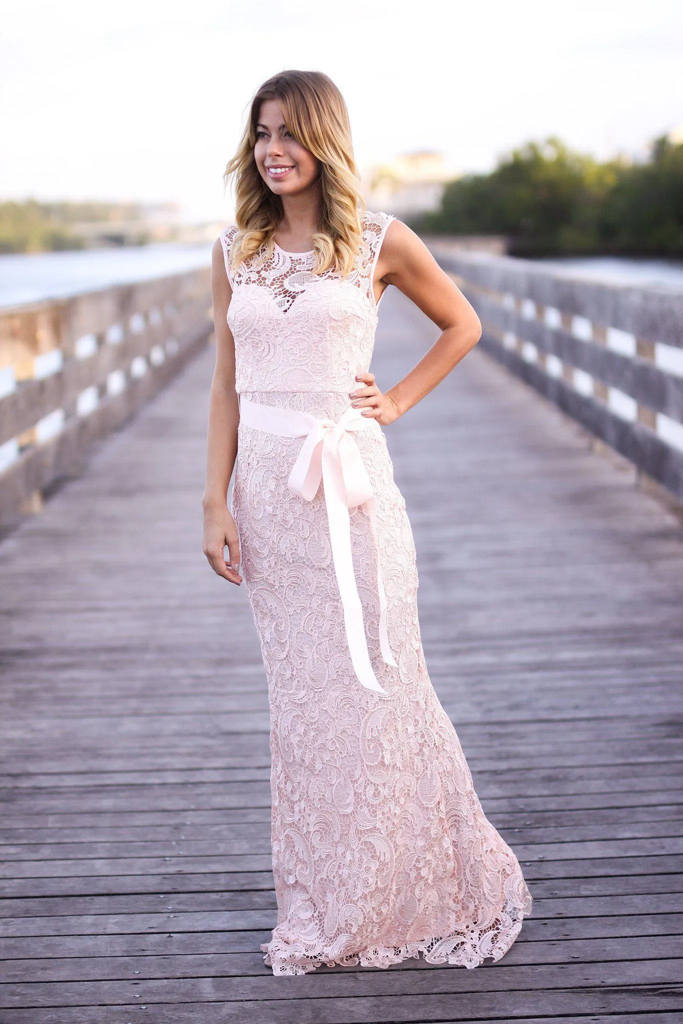 Pink Lace Maxi Dress with Bow