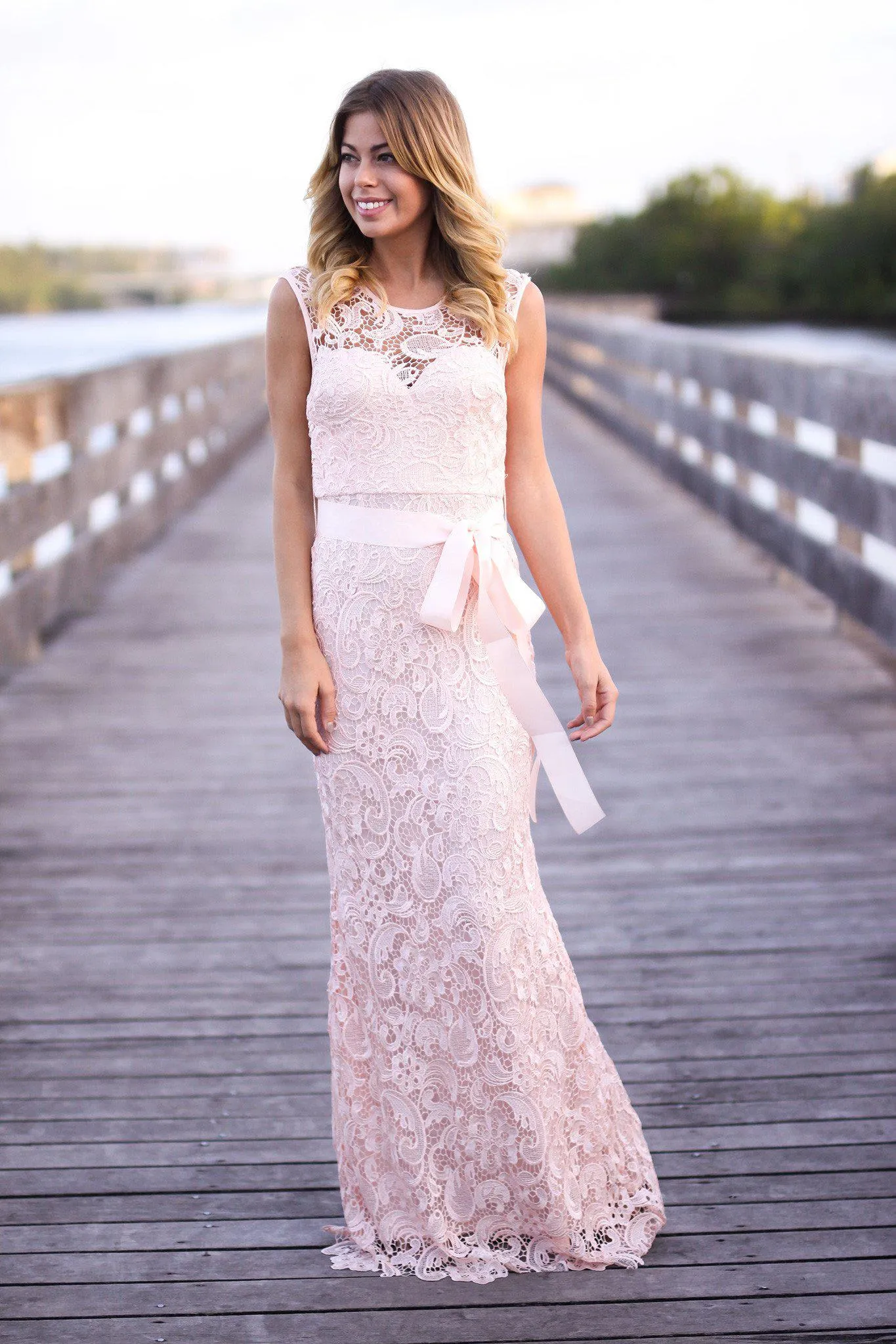 Pink Lace Maxi Dress with Bow