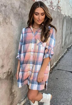 Pink Plaid Long Shacket/Shirt Dress