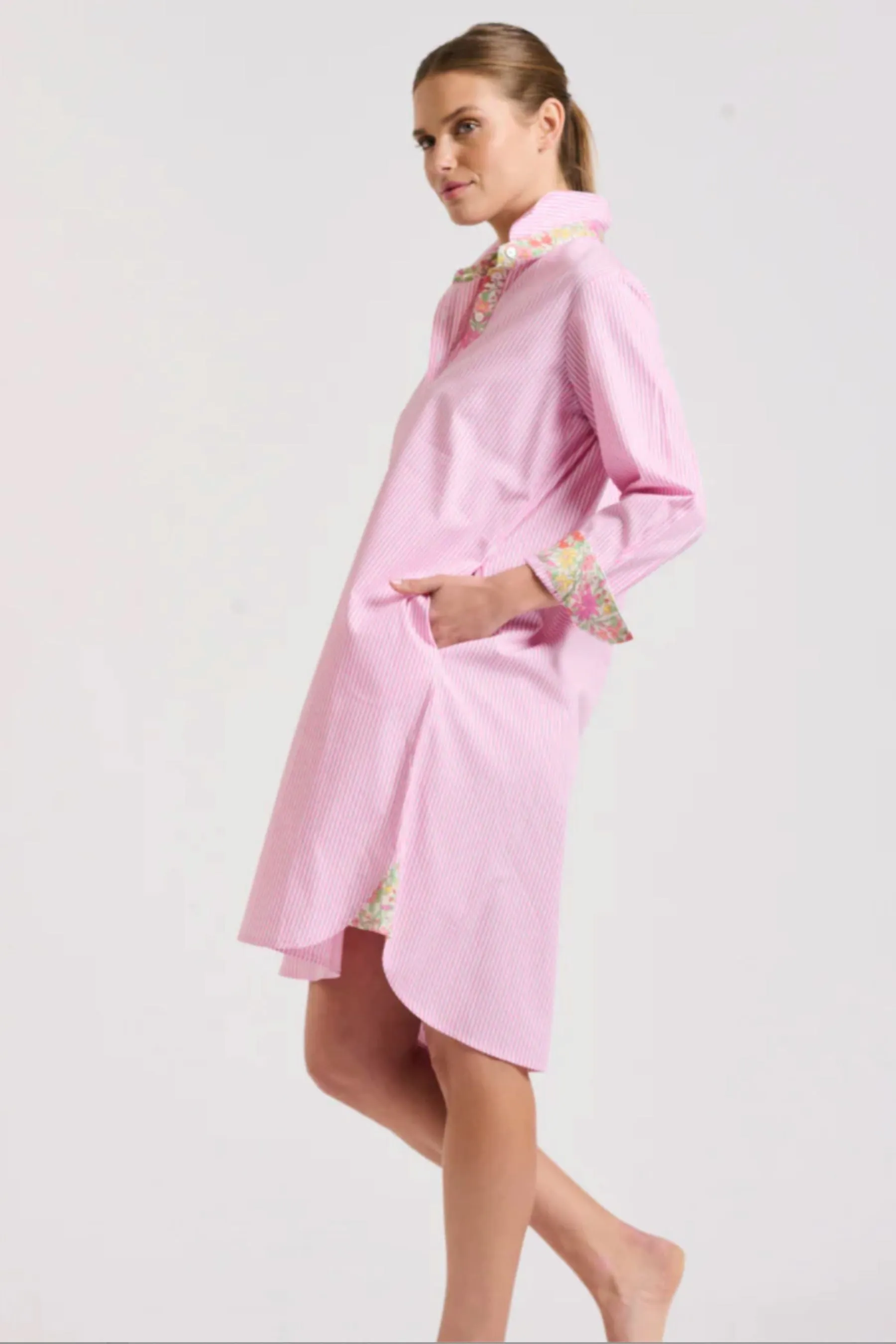 Popover Shirt Dress | Pink Stripe/Floral Trim