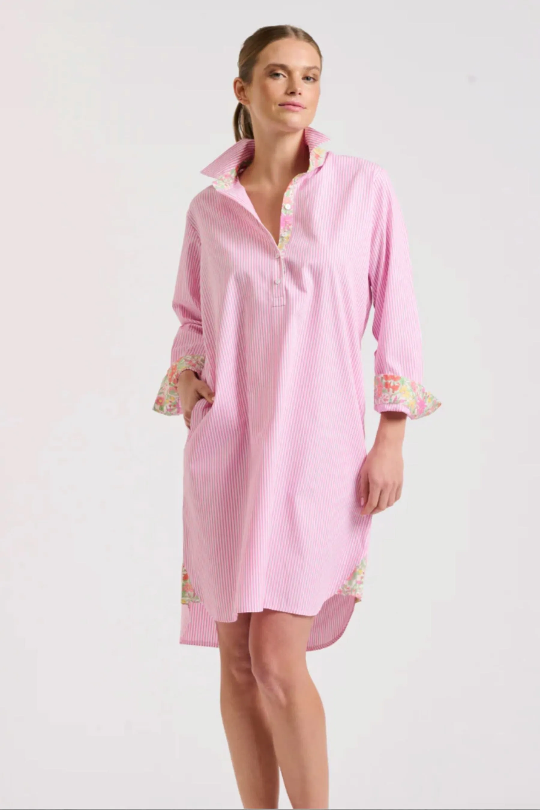 Popover Shirt Dress | Pink Stripe/Floral Trim
