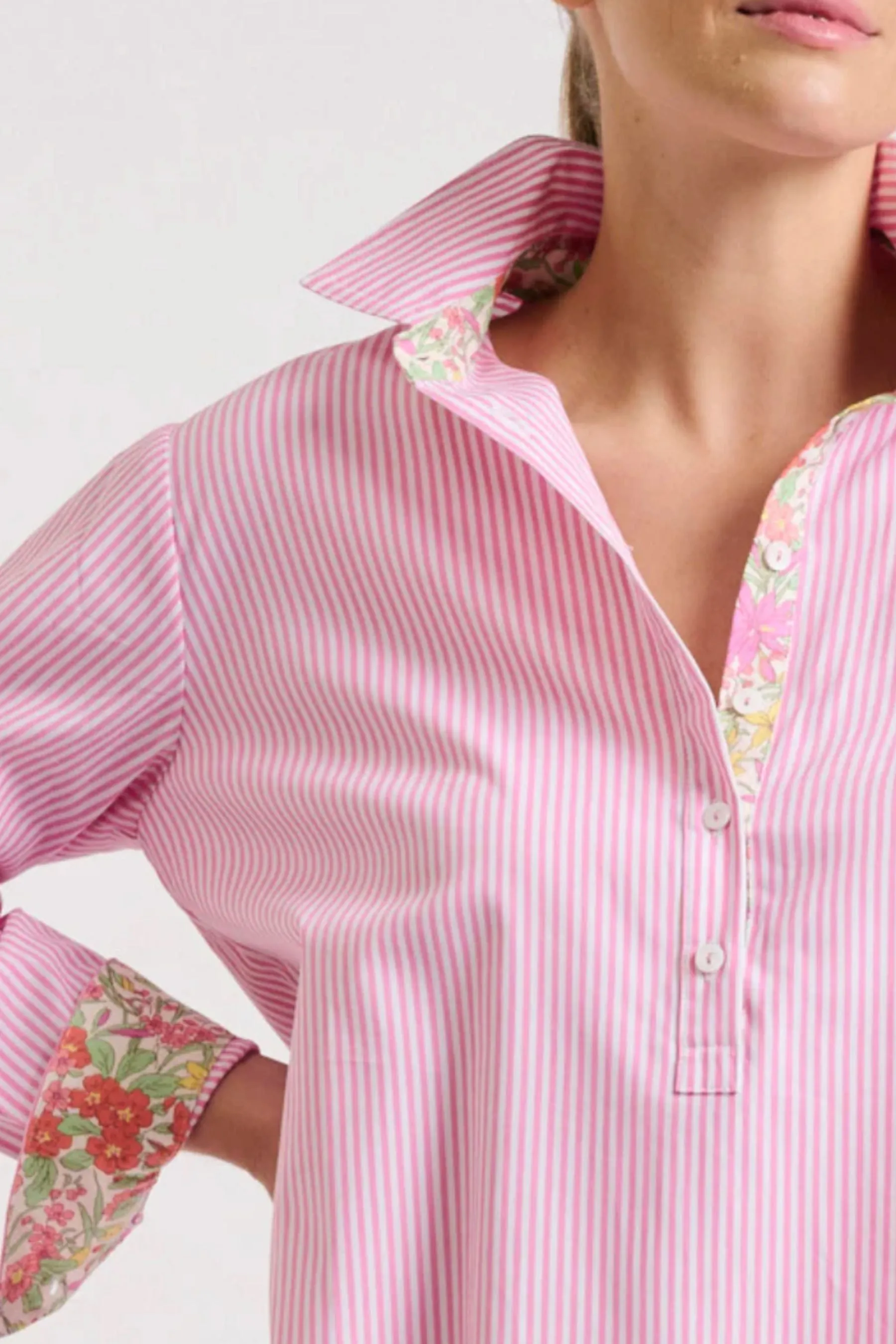 Popover Shirt Dress | Pink Stripe/Floral Trim