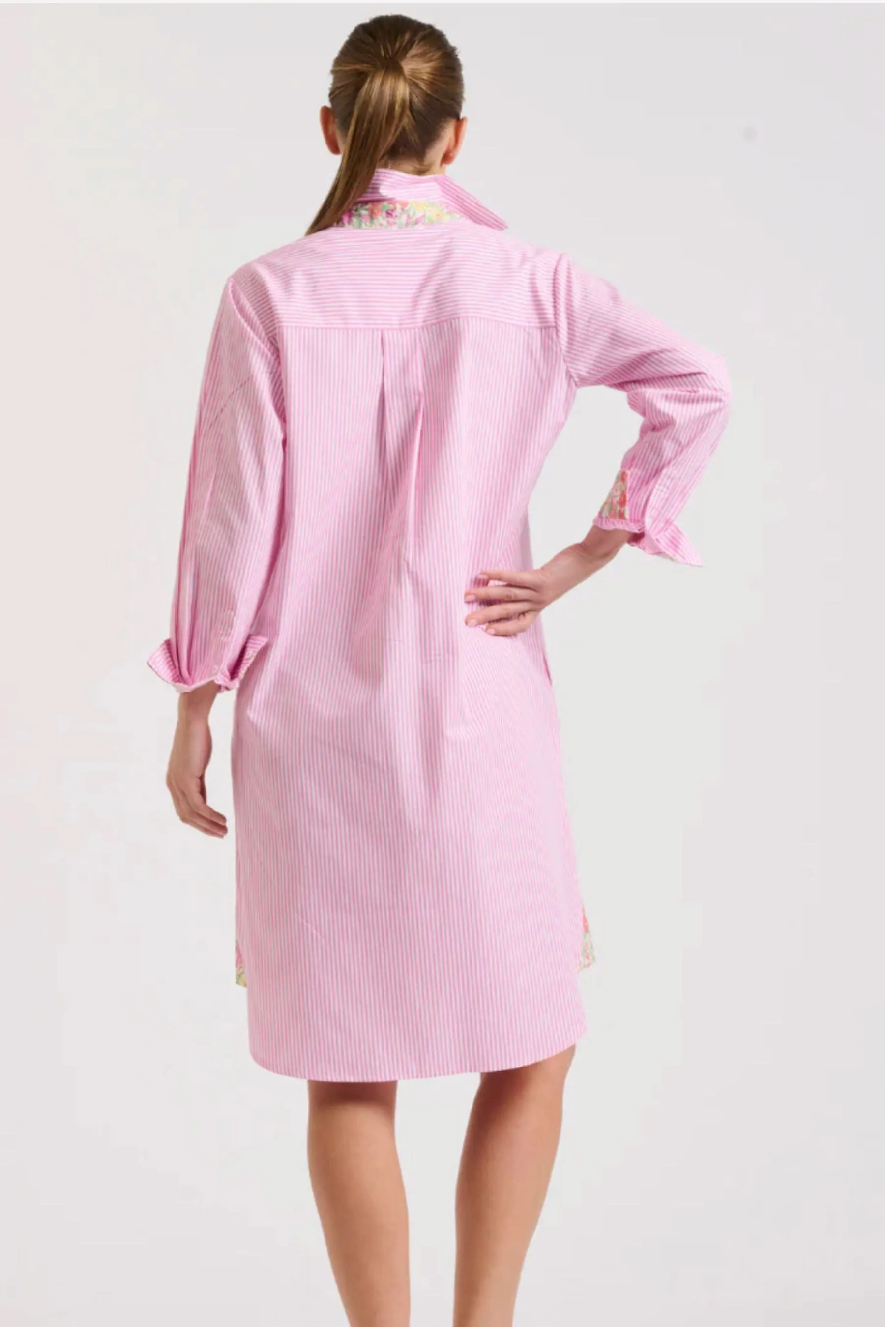 Popover Shirt Dress | Pink Stripe/Floral Trim