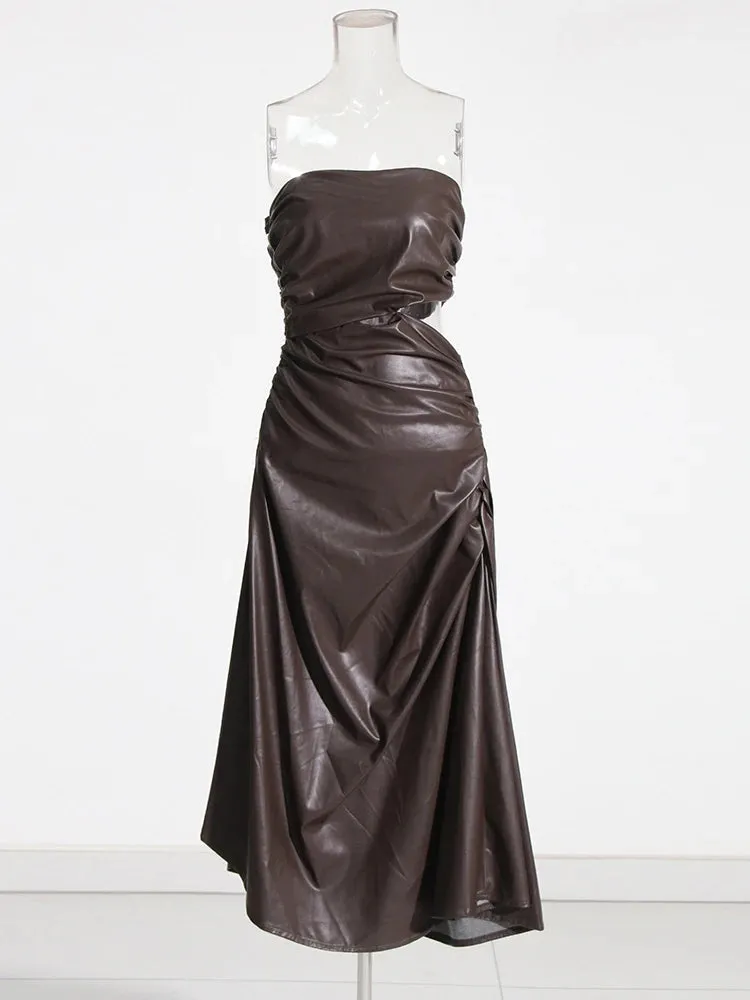 Pre Order:  Strapless Ruched Faux Leather Dress