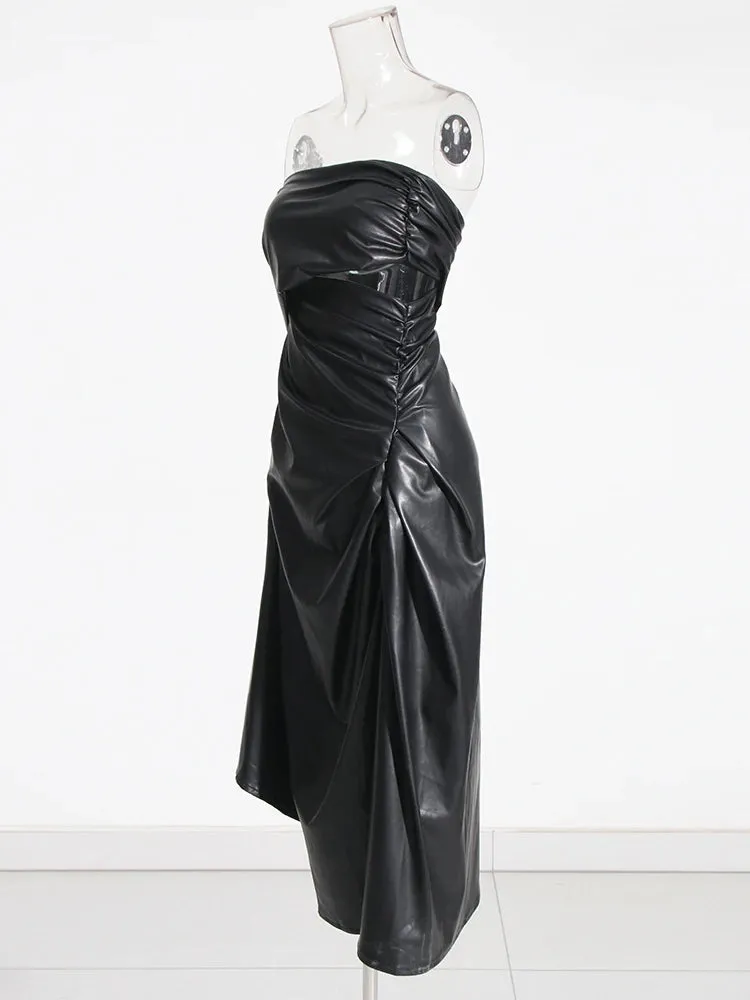 Pre Order:  Strapless Ruched Faux Leather Dress