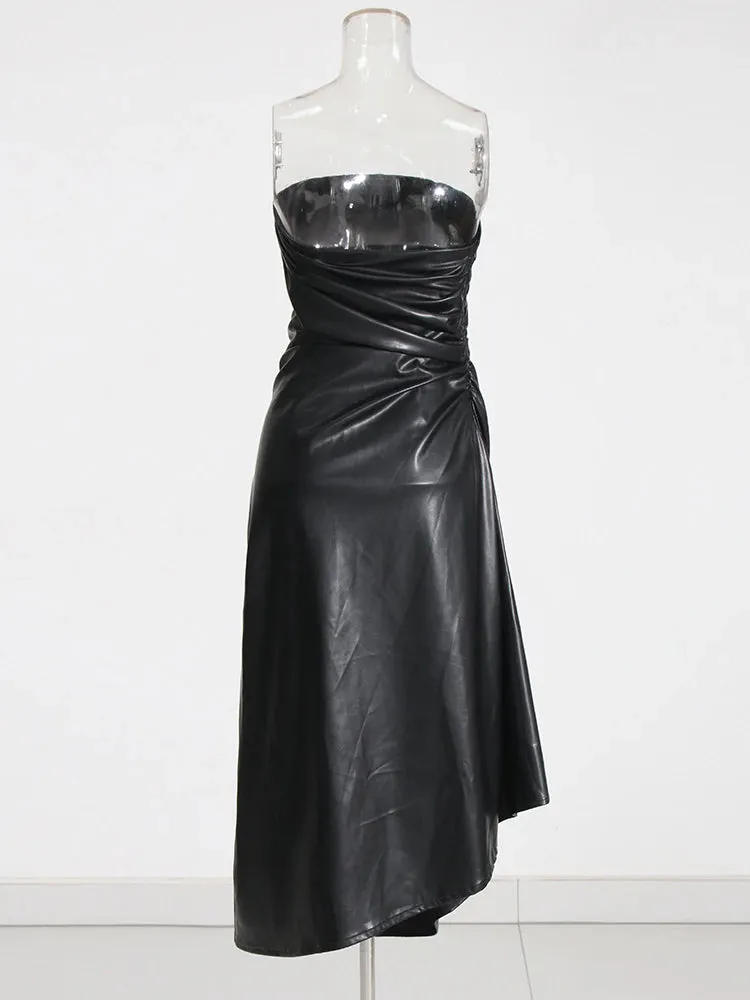 Pre Order:  Strapless Ruched Faux Leather Dress