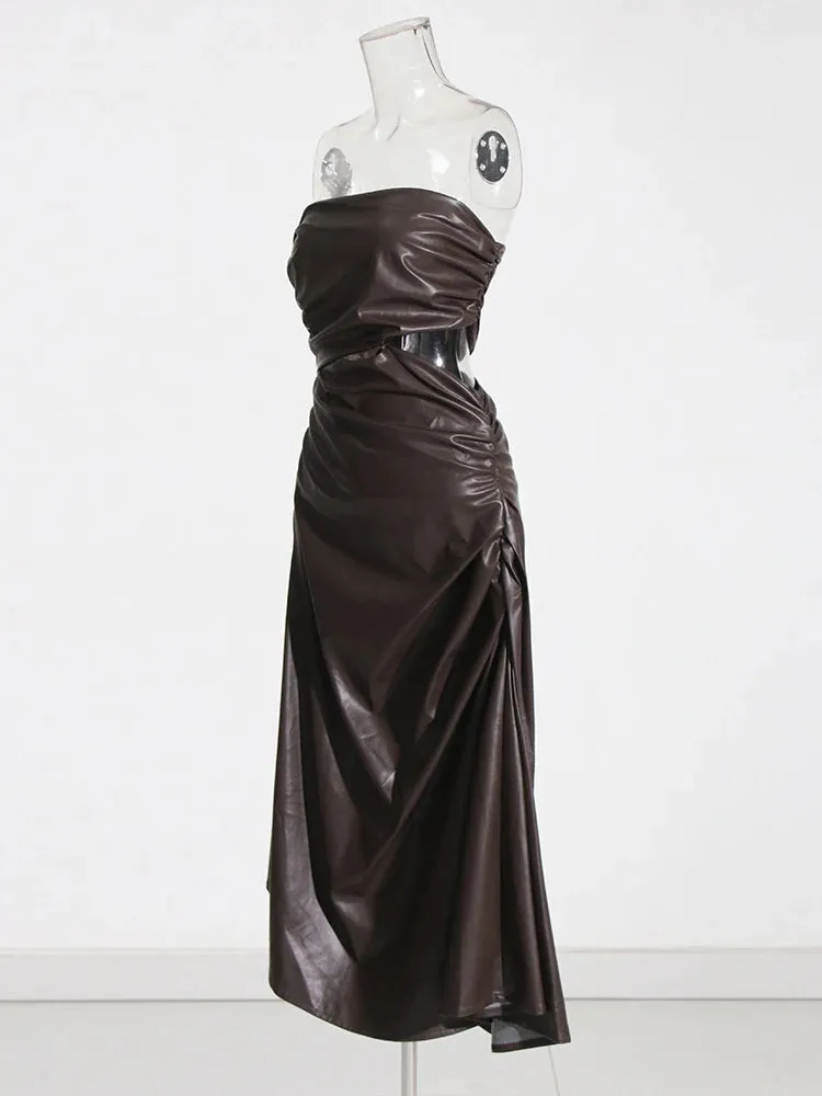 Pre Order:  Strapless Ruched Faux Leather Dress