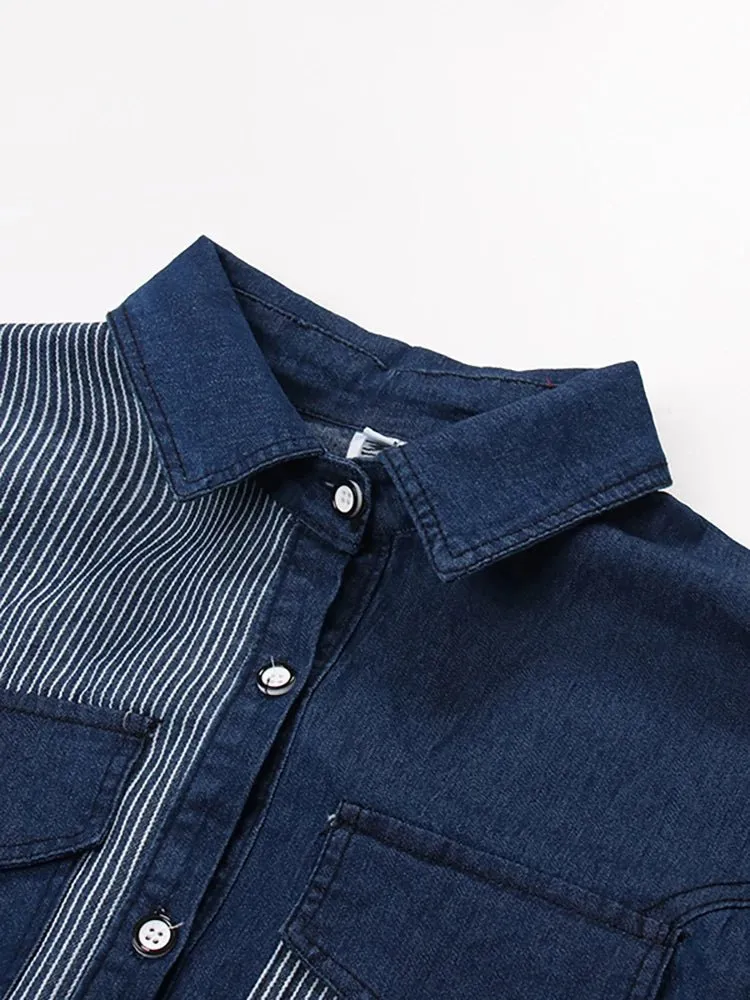 Pre Order:  Two-Tone Denim Button-Down Belted Dress