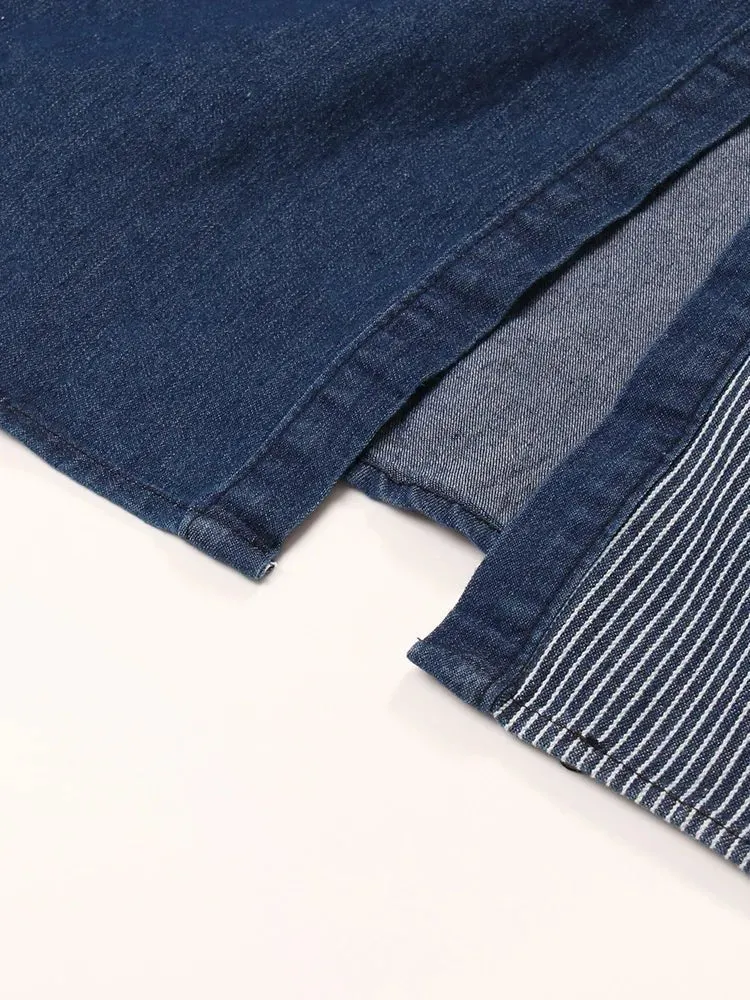 Pre Order:  Two-Tone Denim Button-Down Belted Dress