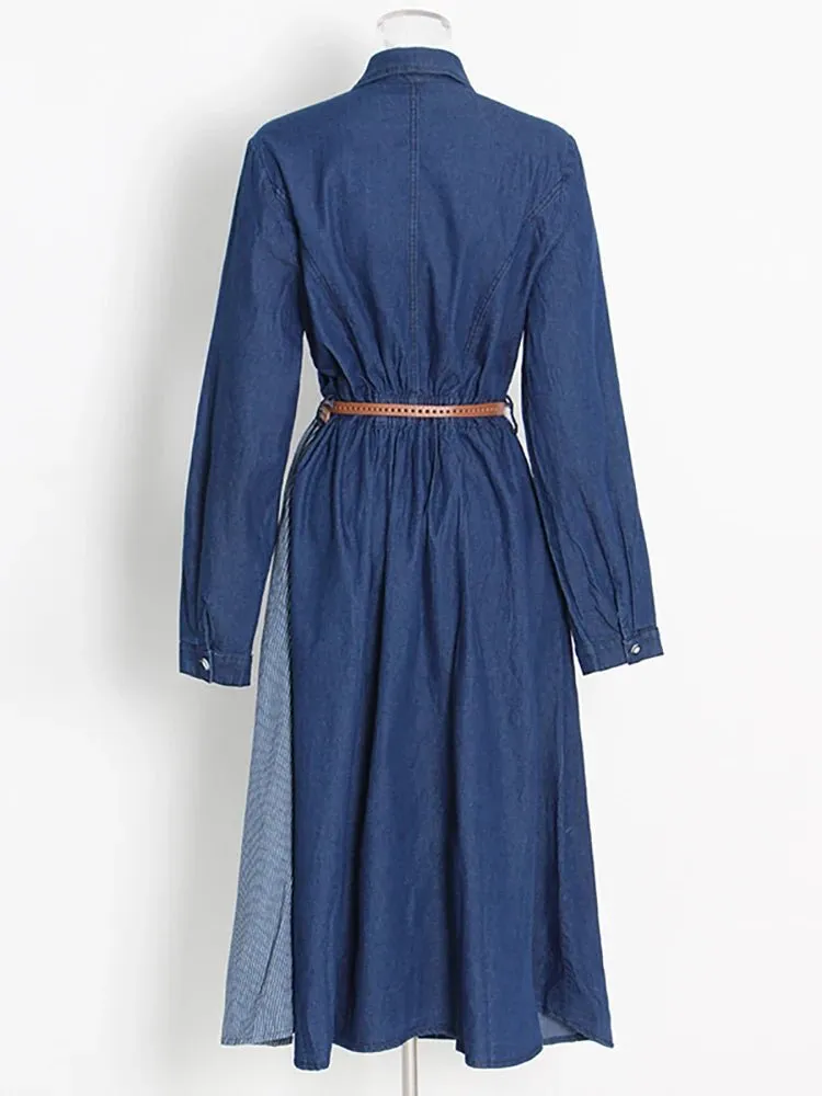 Pre Order:  Two-Tone Denim Button-Down Belted Dress