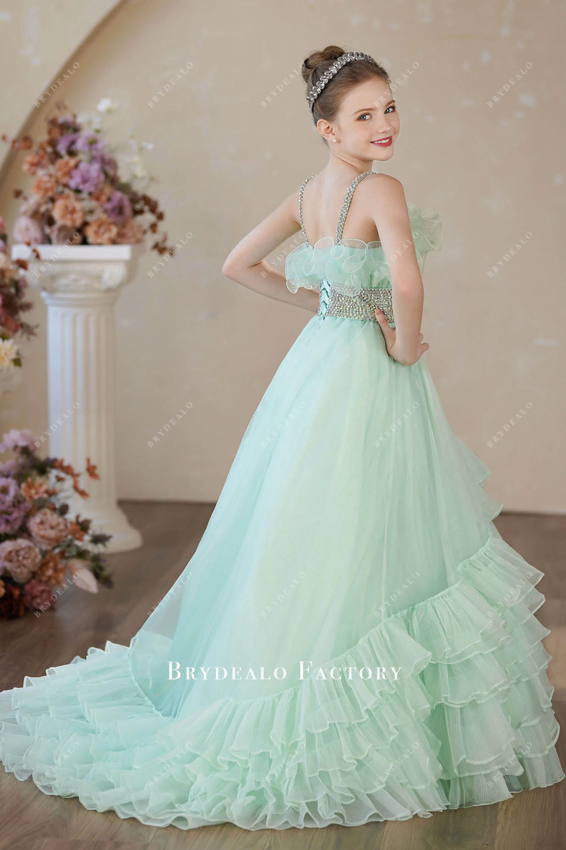 Sleeveless Tiffany Green Organza A-line Junior Pageant Dress