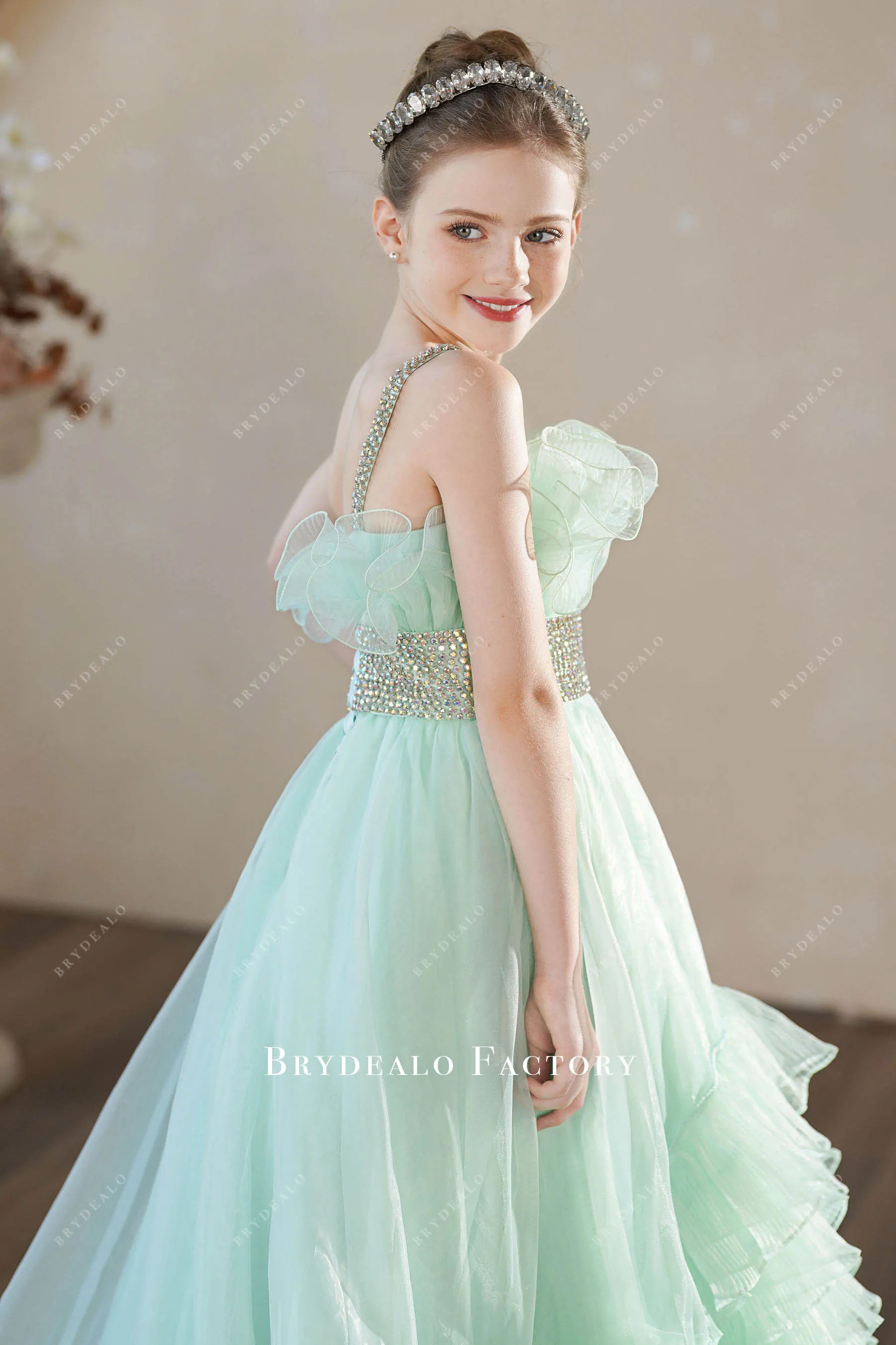 Sleeveless Tiffany Green Organza A-line Junior Pageant Dress