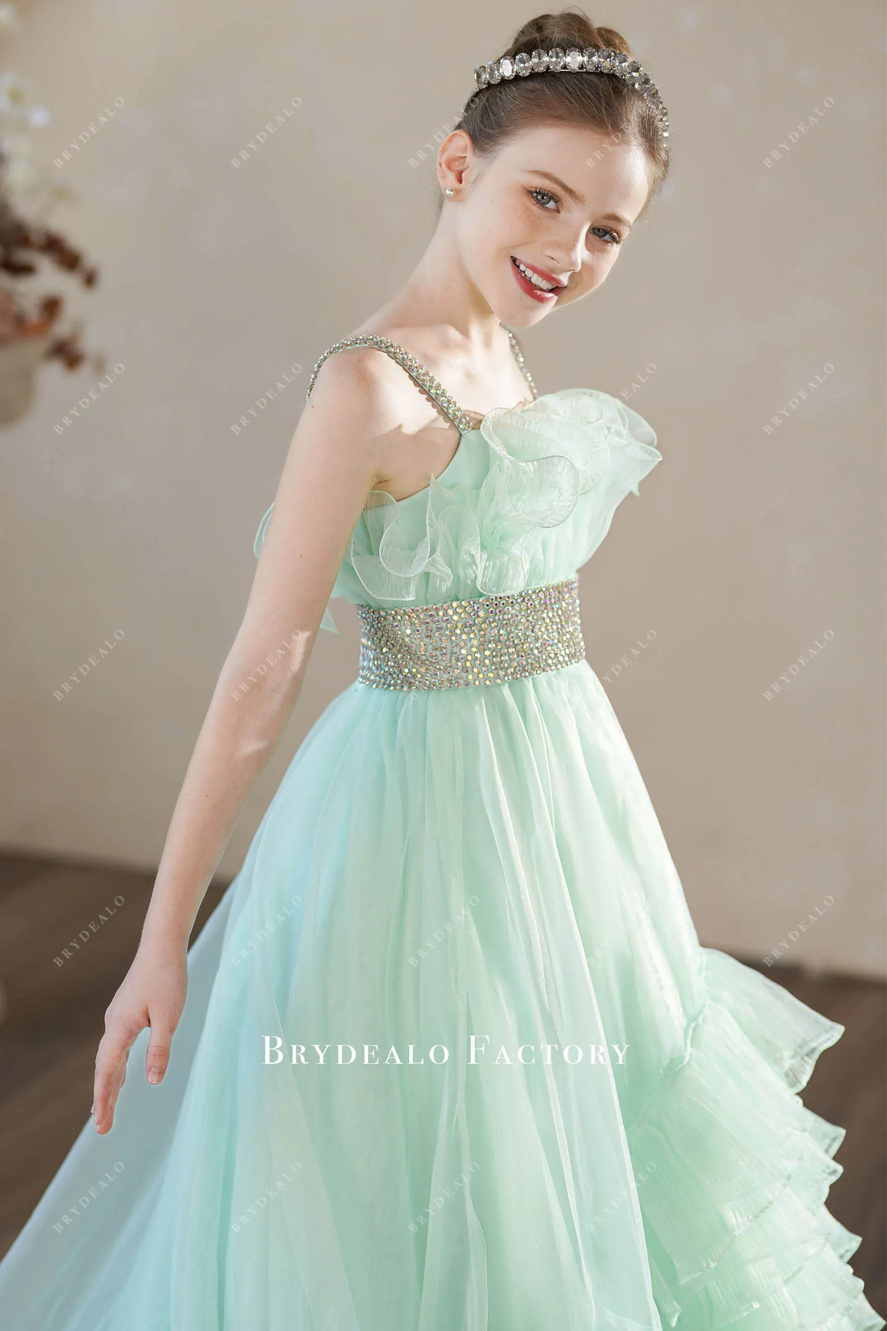 Sleeveless Tiffany Green Organza A-line Junior Pageant Dress