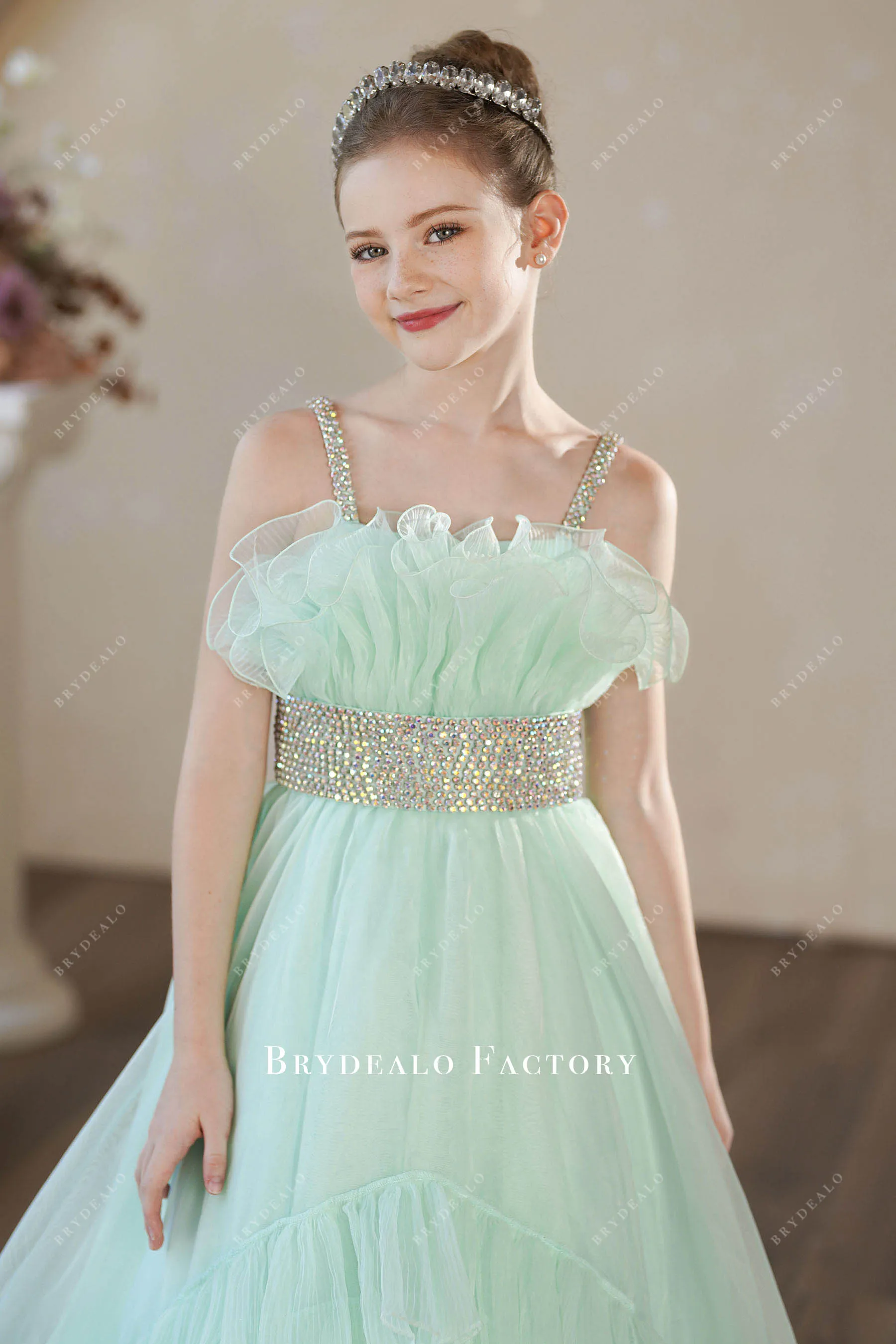 Sleeveless Tiffany Green Organza A-line Junior Pageant Dress
