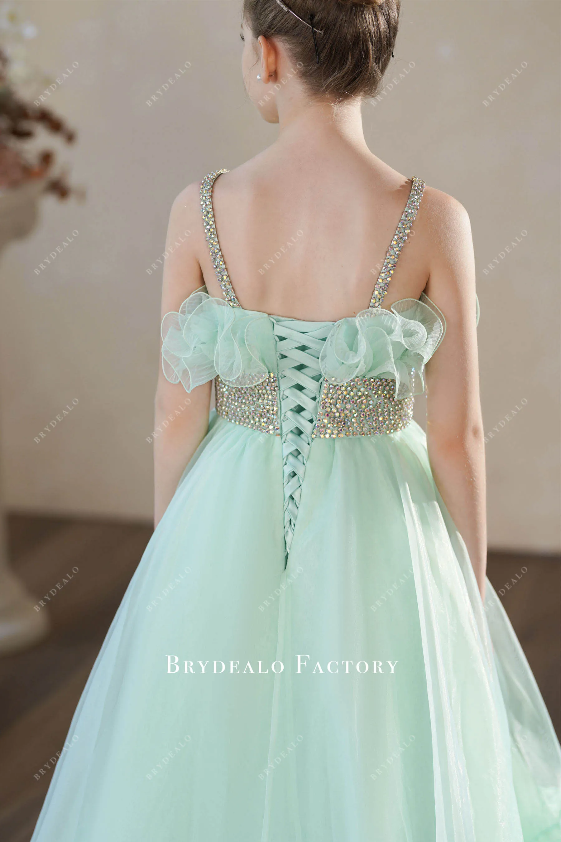 Sleeveless Tiffany Green Organza A-line Junior Pageant Dress