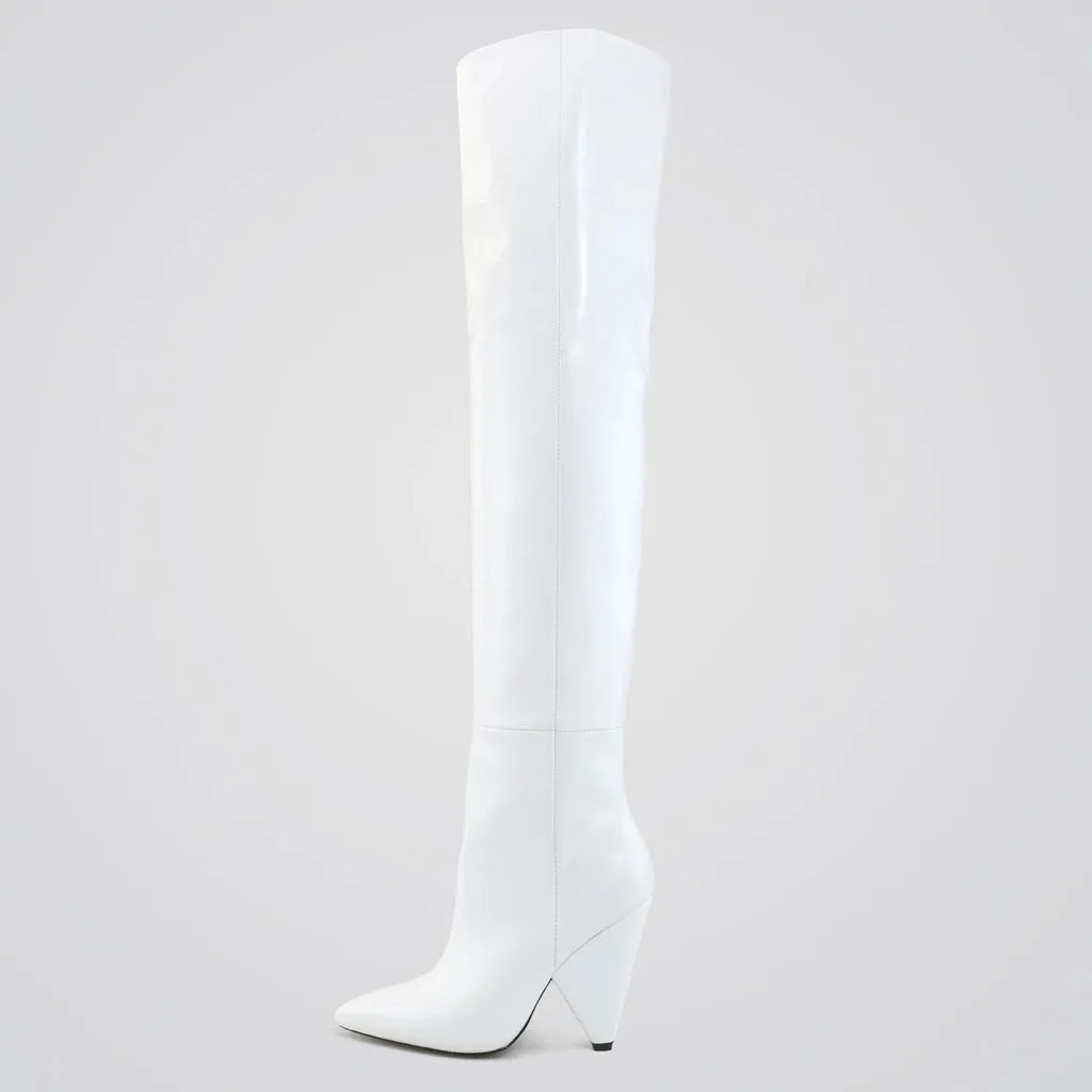 Slouchy Pointed Toe Over-Knee Leather Boots - White