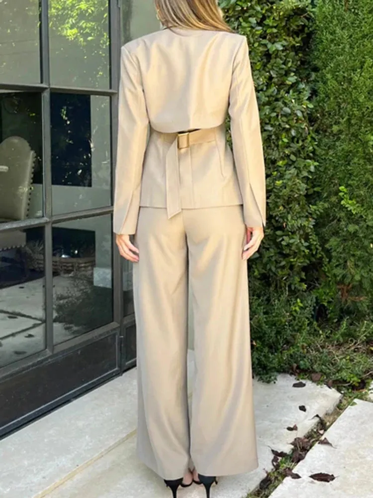 Solid Three Piece Set For Women Long Sleeve Coat Notched Sleeveless Vest High Waist Casual Pants Temperament Sets Female New