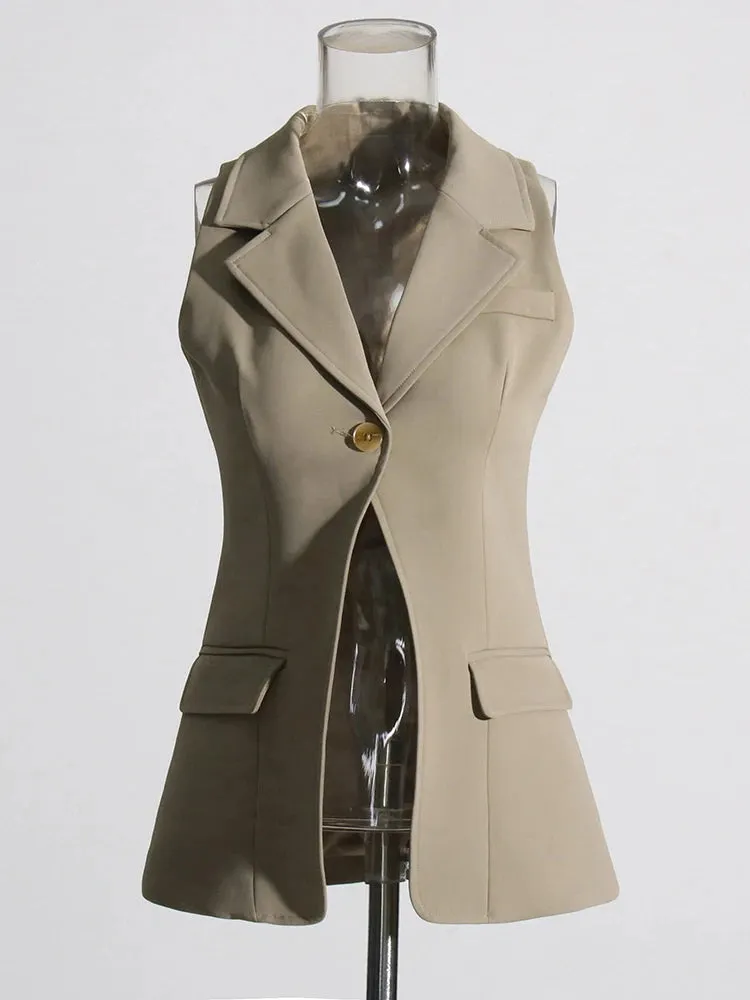 Solid Three Piece Set For Women Long Sleeve Coat Notched Sleeveless Vest High Waist Casual Pants Temperament Sets Female New