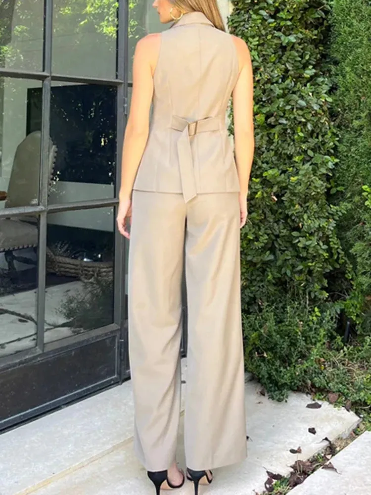Solid Three Piece Set For Women Long Sleeve Coat Notched Sleeveless Vest High Waist Casual Pants Temperament Sets Female New