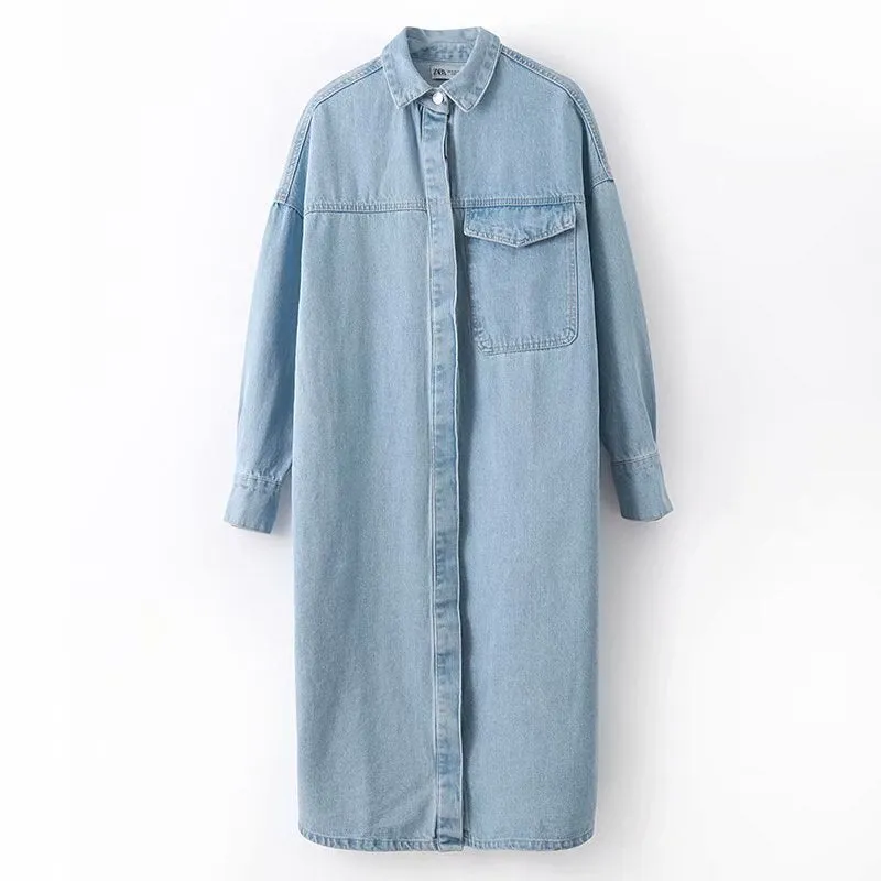 Women Vintage Blue Long Denim Jackets