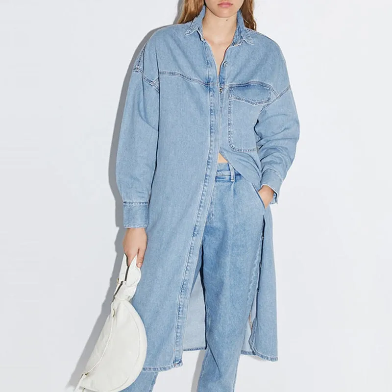 Women Vintage Blue Long Denim Jackets