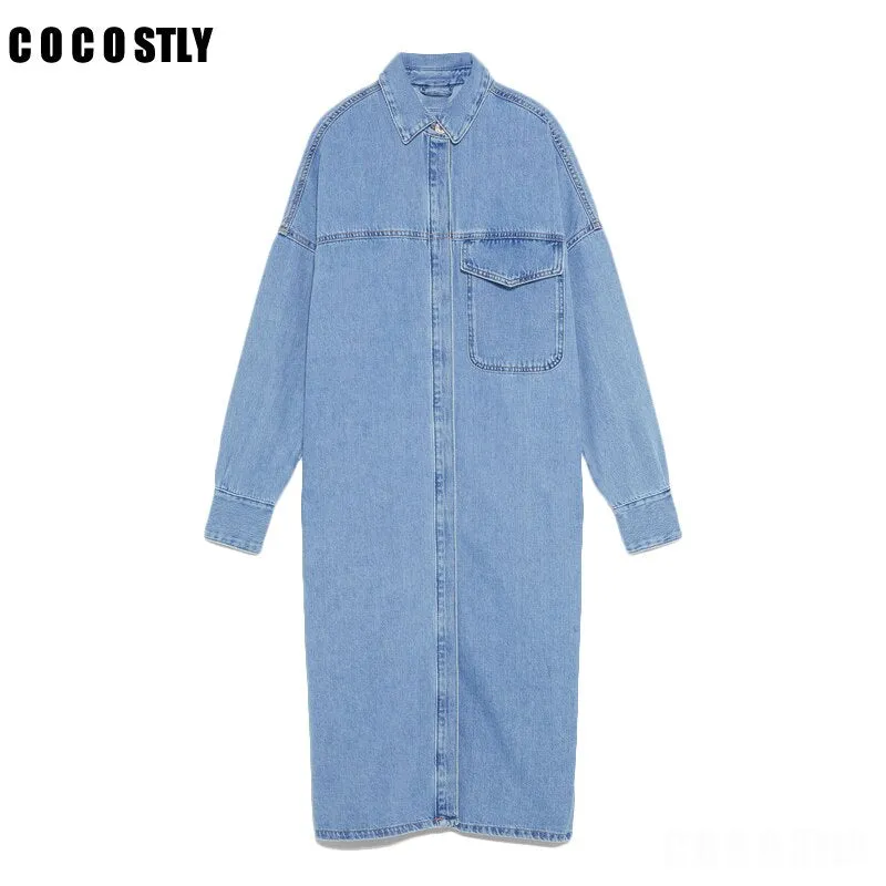 Women Vintage Blue Long Denim Jackets
