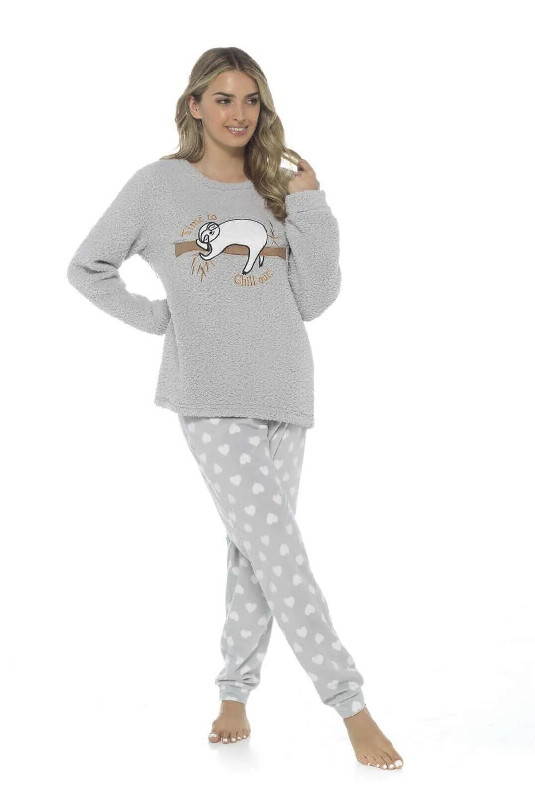 Women's Cozy Sloth Teddy Fleece Pyjama Set Super Soft Warm Loungewear Sleepwear with Trendy Design and Comfortable Fit Pants Perfect for Cold Nights Multiple Sizes by Daisy Dreamer