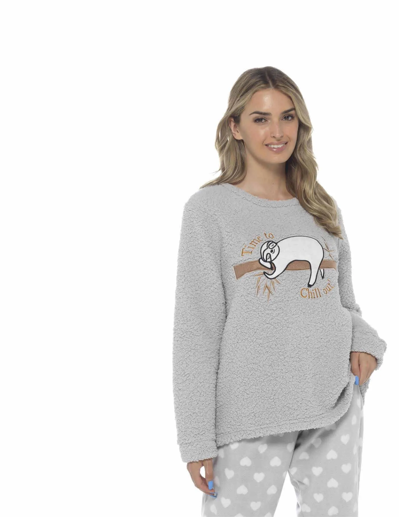 Women's Cozy Sloth Teddy Fleece Pyjama Set Super Soft Warm Loungewear Sleepwear with Trendy Design and Comfortable Fit Pants Perfect for Cold Nights Multiple Sizes by Daisy Dreamer