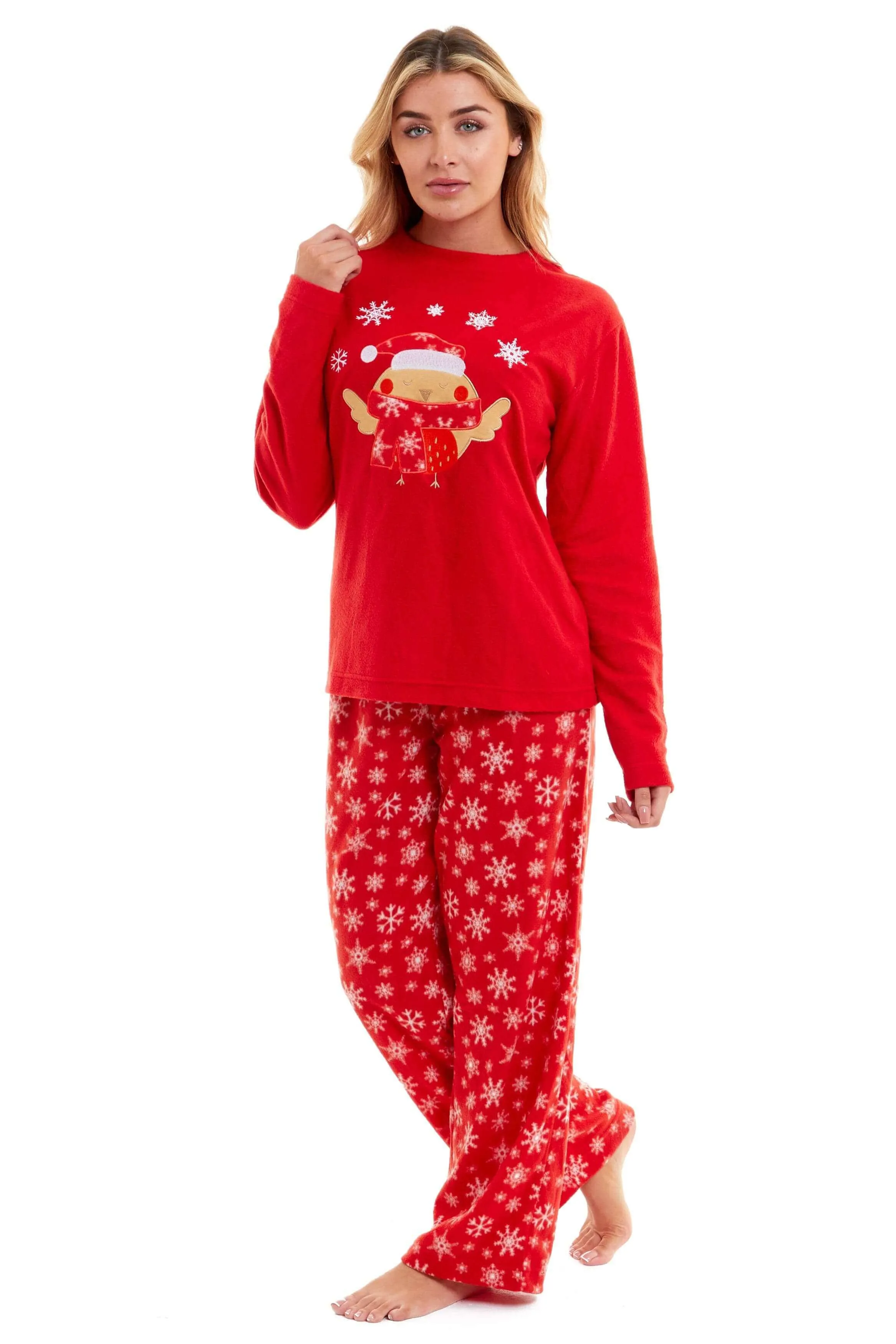 Women's Red Robin Polar Fleece Pyjama Set Super Soft Hooded Top and Elasticated Pants with Embroidered Detailing by Daisy Dreamer