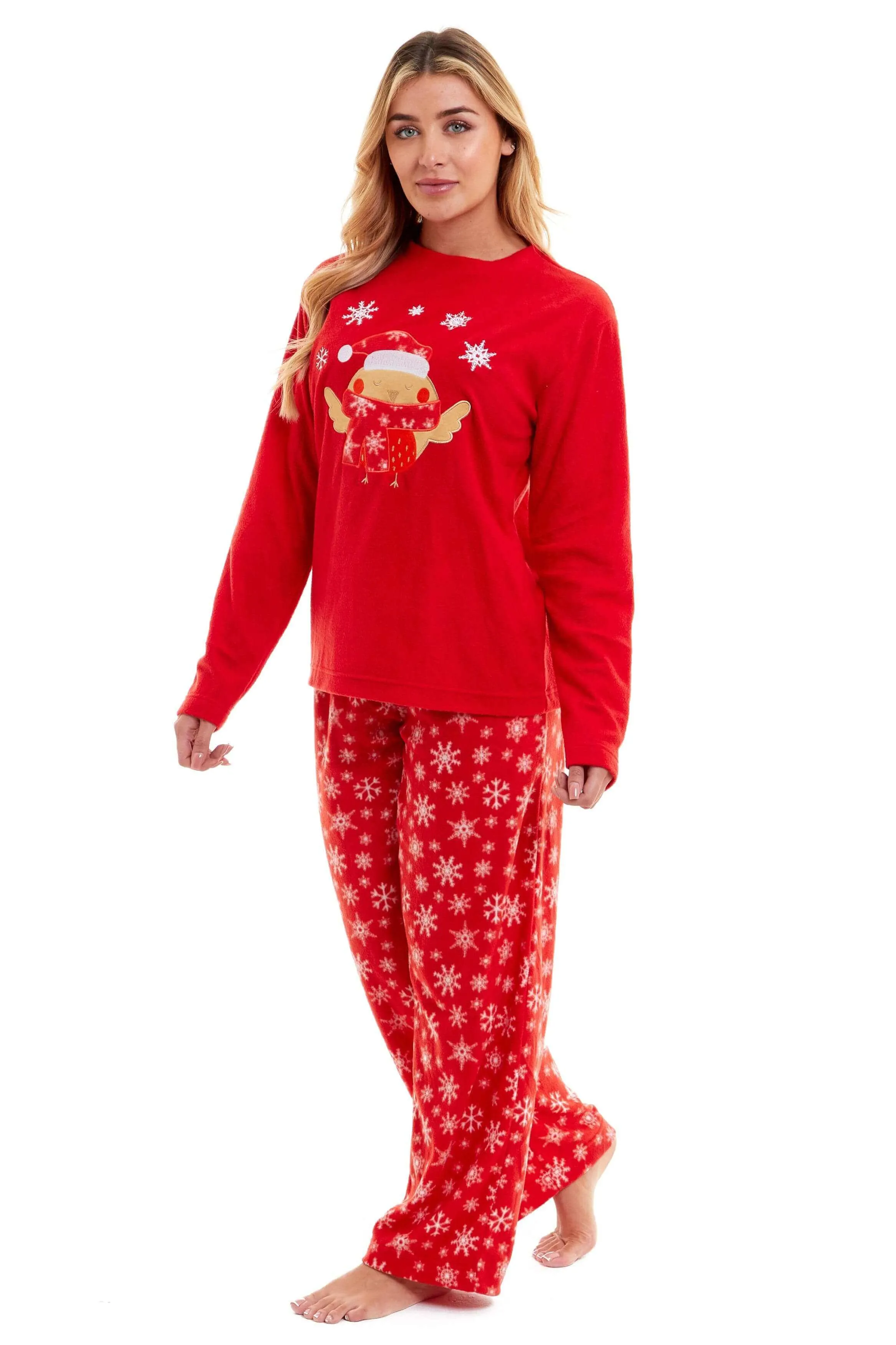Women's Red Robin Polar Fleece Pyjama Set Super Soft Hooded Top and Elasticated Pants with Embroidered Detailing by Daisy Dreamer