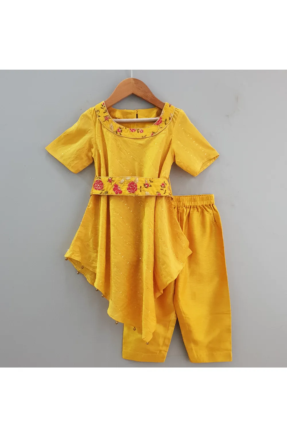 Yellow cowl kurta with embroidered belt and pants